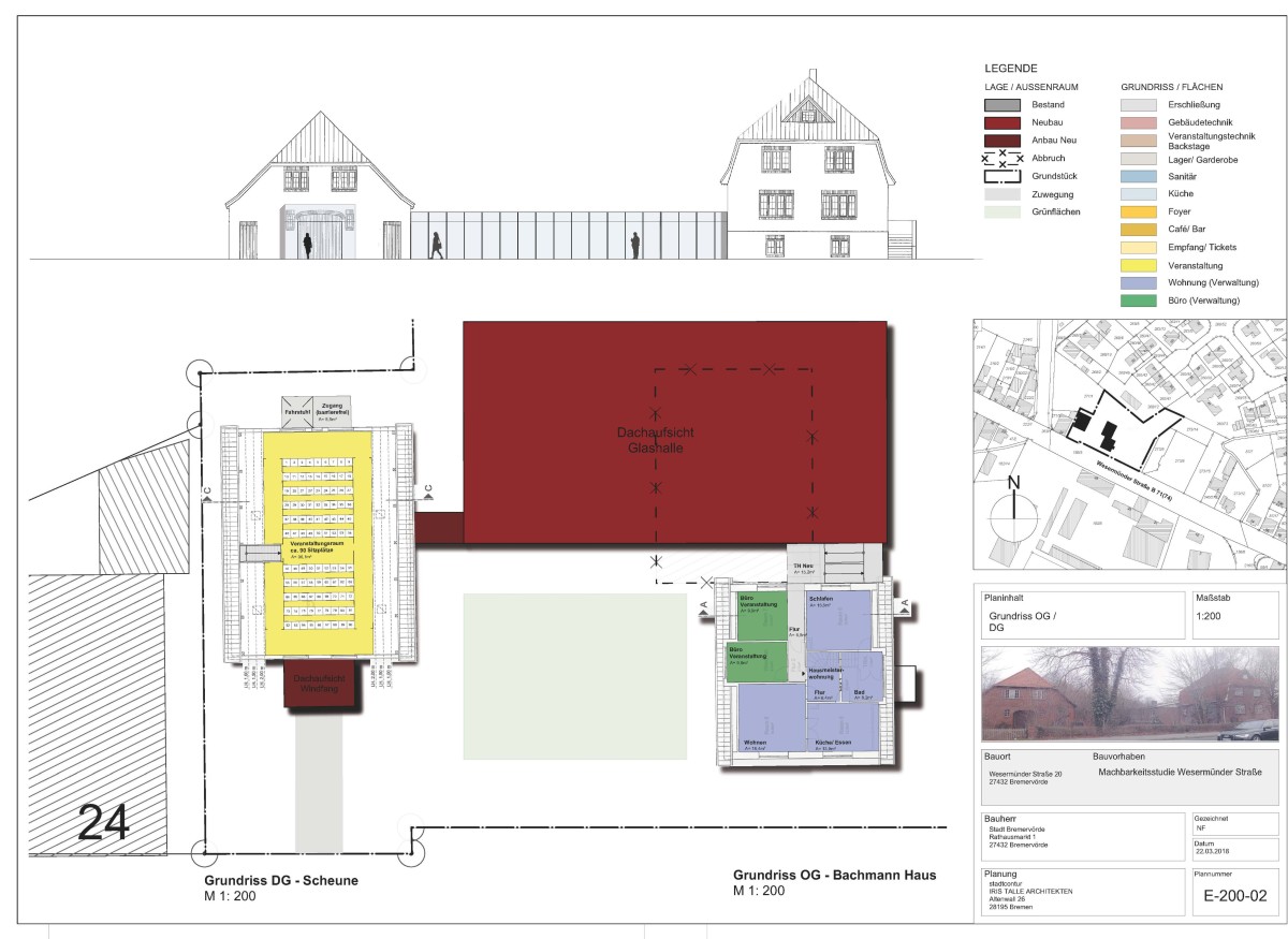 Veranstaltungszentrum Das geplante Veranstaltungszentrum besteht aus zwei Altbauten, die wir mit einem transparenten Neubau verbunden haben. Der Empfang und das Cafè liegen in der alten Scheune. Der neue Saal liegt mittig und ist das Herzstück. In der alten Villa ist der backstage-Bereich untergebracht.