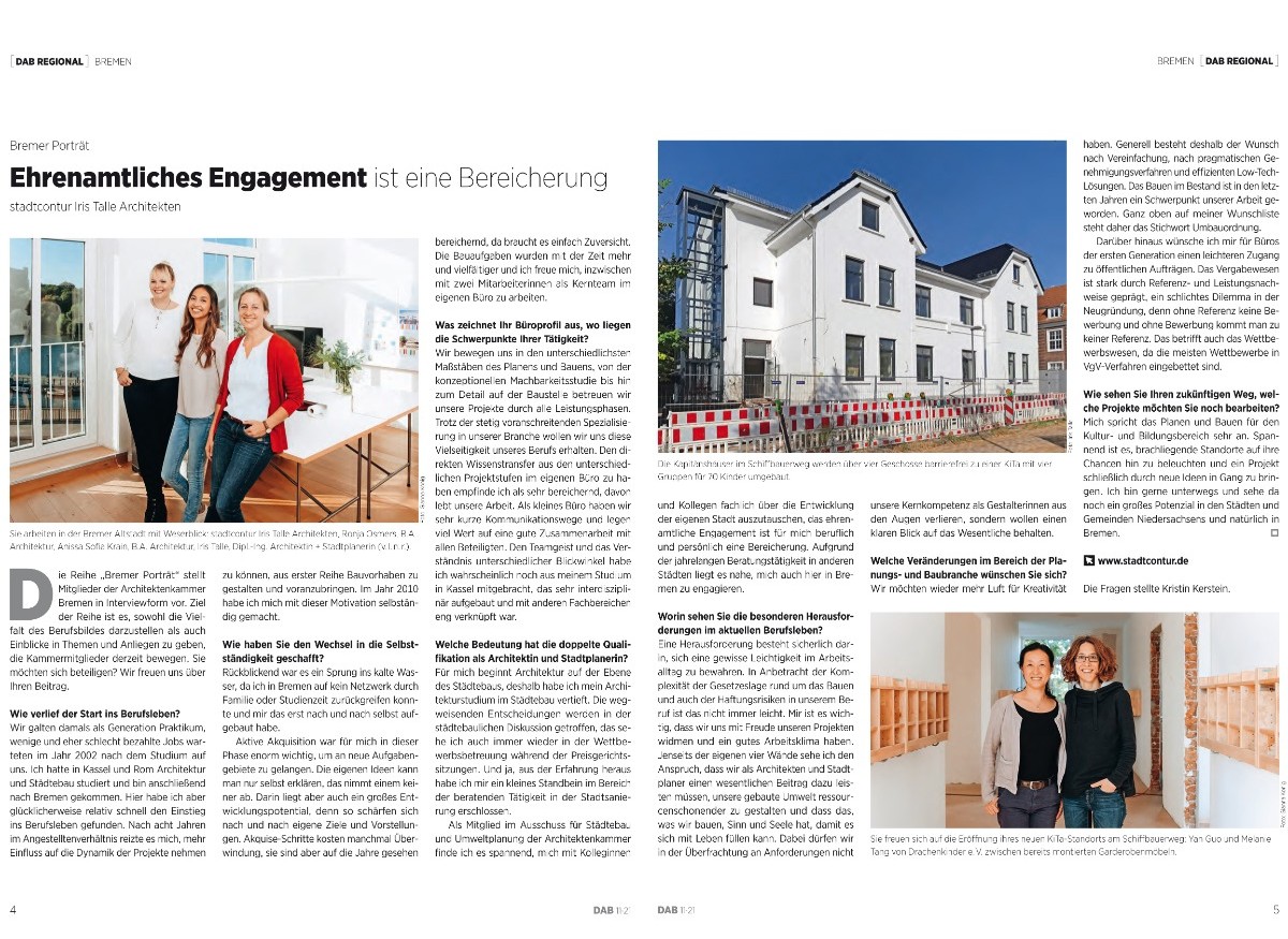 DAB Interview stadtcontur Architekten Interview unseres Architekturbüros im DAB Deutsches Architektenblatt in der Ausgabe Bremen/Niedersachsen Nov. 2021