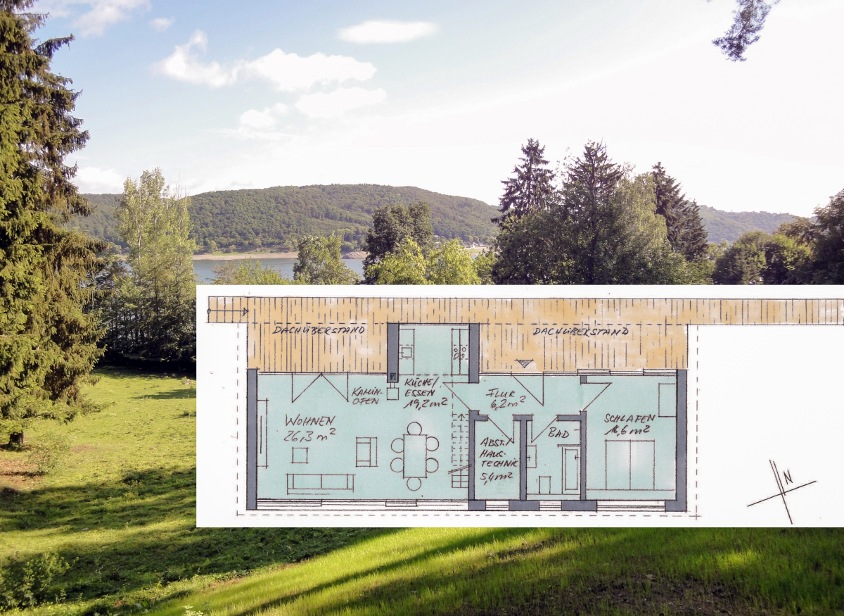 Ferienhaus am See Ein Haus am See, davon träumen wir alle. Für unseren Bauherrn konnten wir den Traum zumindest zeichnerisch umsetzen. Das Ferienhaus haben wir so geplant, dass es sich harmonisch in die Landschaft einfügt. Es sollte in Holzbauweise entstehen.