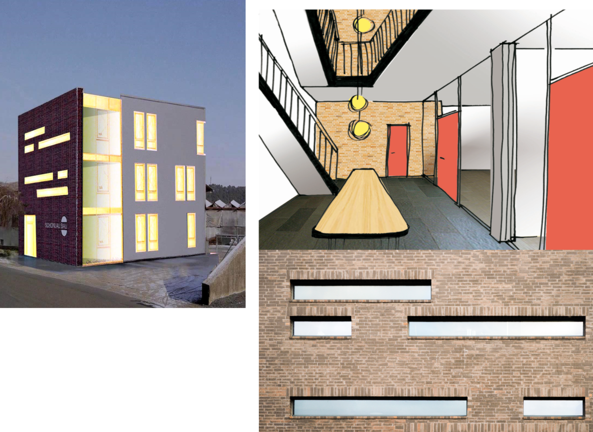 Neubau eines Bürohauses Der Neubau des Bürohauses wird durch eine repräsentative Mauerwerksfassade geprägt. Direkt hinter dem Eingang befindet sich ein großräumiger Empfang, das sogenannte Forum mit Präsentationsfläche. Baumaterialien und Farbmuster werden dem Kunden hier anschaulich vorgestellt.