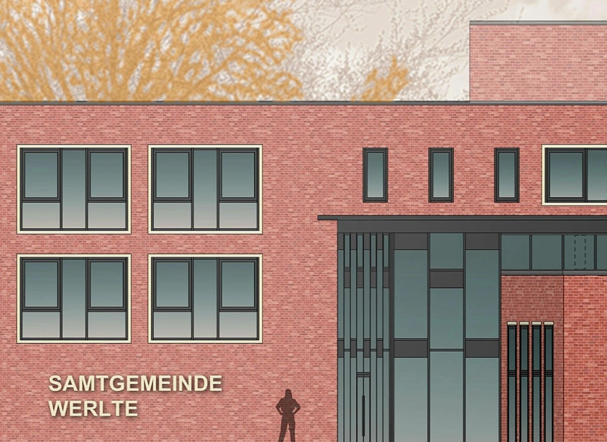 Rathaus Eingang  Die Zeichnung zeigt unseren Entwurf der Rathauserweiterung in Werlte. Wir bilden das Raumprogramm in der Gestaltung der Fassaden ab.