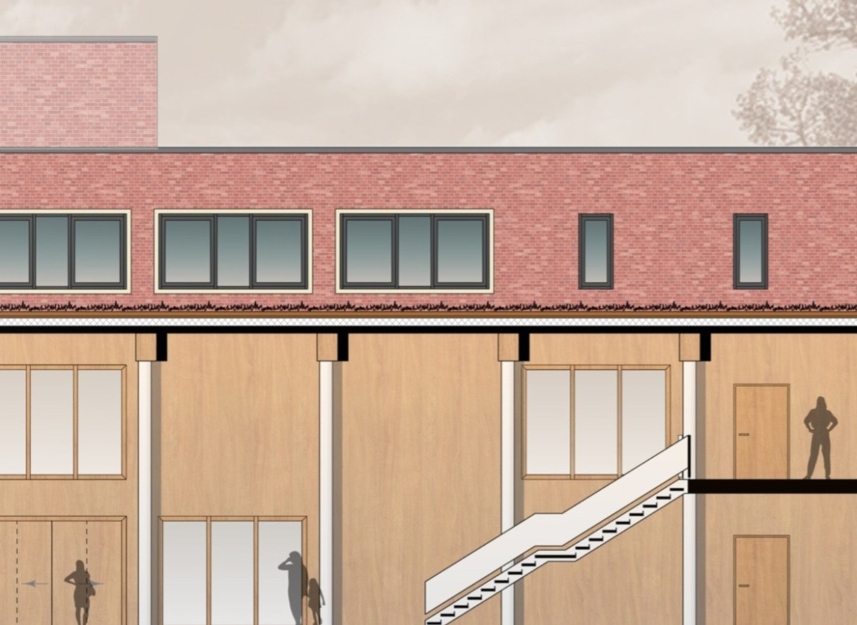 Rathaus Foyer mit Holzwänden Die Zeichnung zeigt unseren Entwurf der Rathauserweiterung in Werlte. das Foyer erhält eine Akustikwand aus Holzpaneelen.