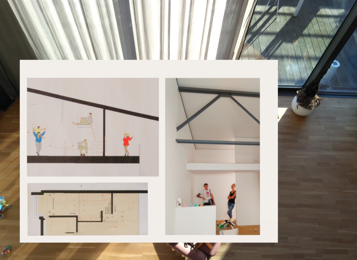 Kinderzimmer im Loft Die Fotomontage zeigt den Blick von der Galerie in den Wohnbereich und das neue Kinderzimmer mit Spielebene. Unsere Zeichnungen haben den Bauherren und den Handwerkern unsere Ideen veranschaulicht.