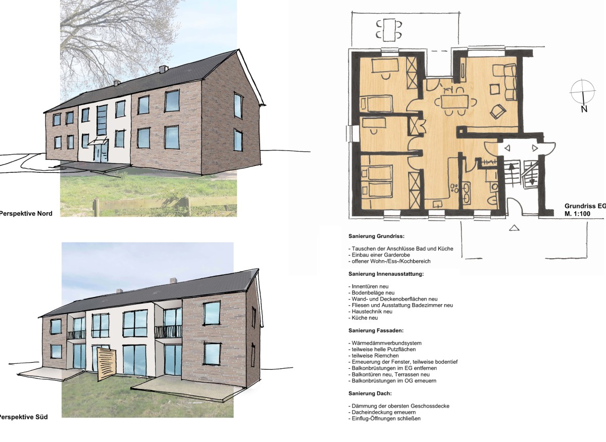Konzept Sanierung Umbau Umbau Sanierung Mehrfamilienhaus Bauen im Bestand Architektenleistungen Fassaden Grundriss Architekten Architektinnen Skizze Enwturf Konzept Machbarkeitsstudie