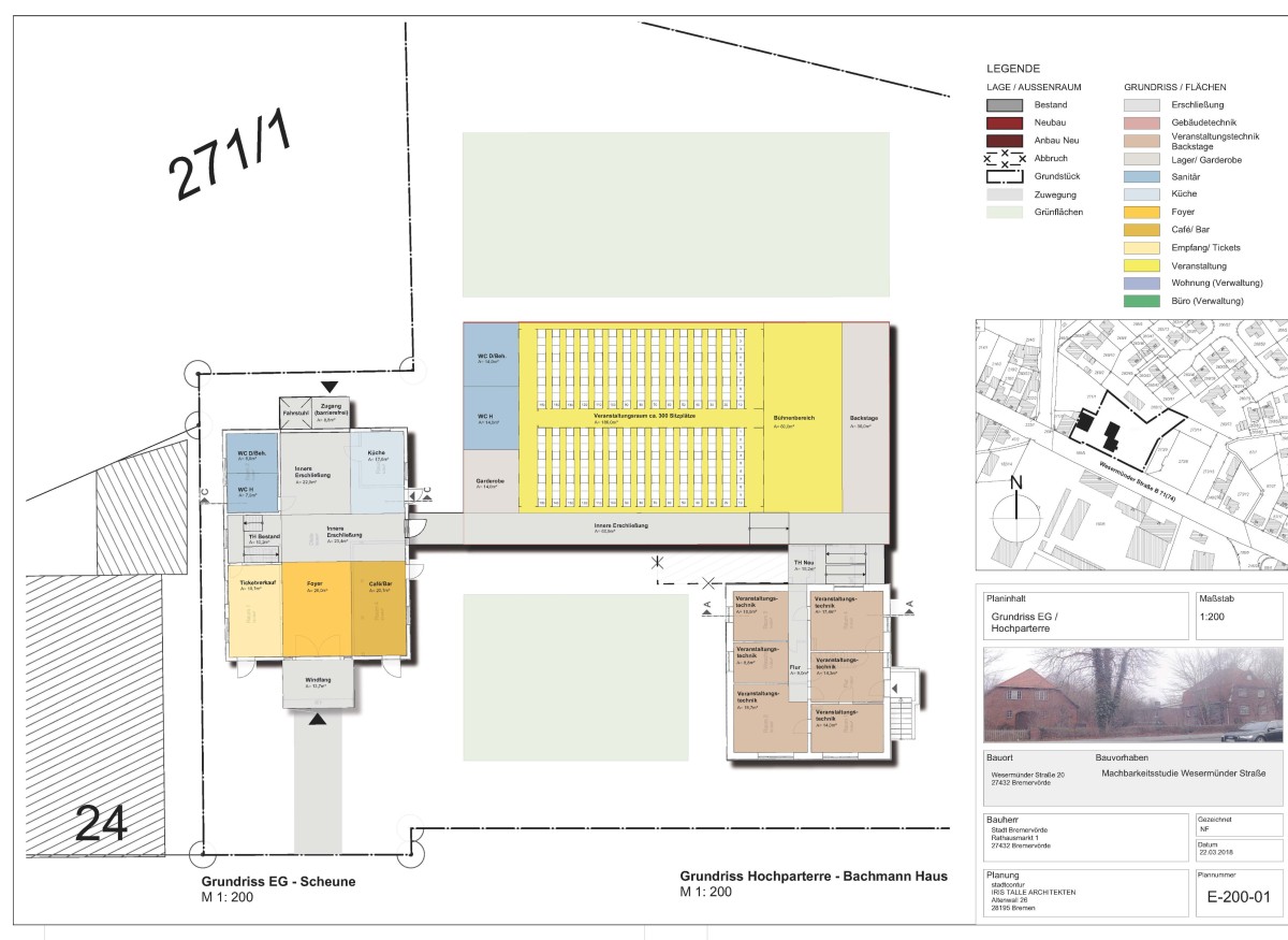 Veranstaltungszentrum Das geplante Veranstaltungszentrum besteht aus zwei Altbauten, die wir mit einem transparenten Neubau verbunden haben. Der Empfang und das Cafè liegen in der alten Scheune. Der neue Saal liegt mittig und ist das Herzstück. In der alten Villa ist der backstage-Bereich untergebracht.