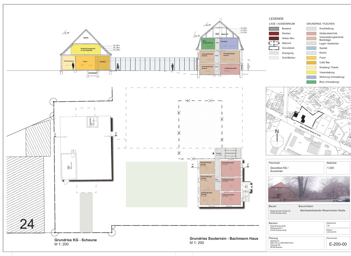 Veranstaltungszentrum Das geplante Veranstaltungszentrum besteht aus zwei Altbauten, die wir mit einem transparenten Neubau verbunden haben. Der Empfang und das Cafè liegen in der alten Scheune. Der neue Saal liegt mittig und ist das Herzstück. In der alten Villa ist der backstage-Bereich untergebracht.