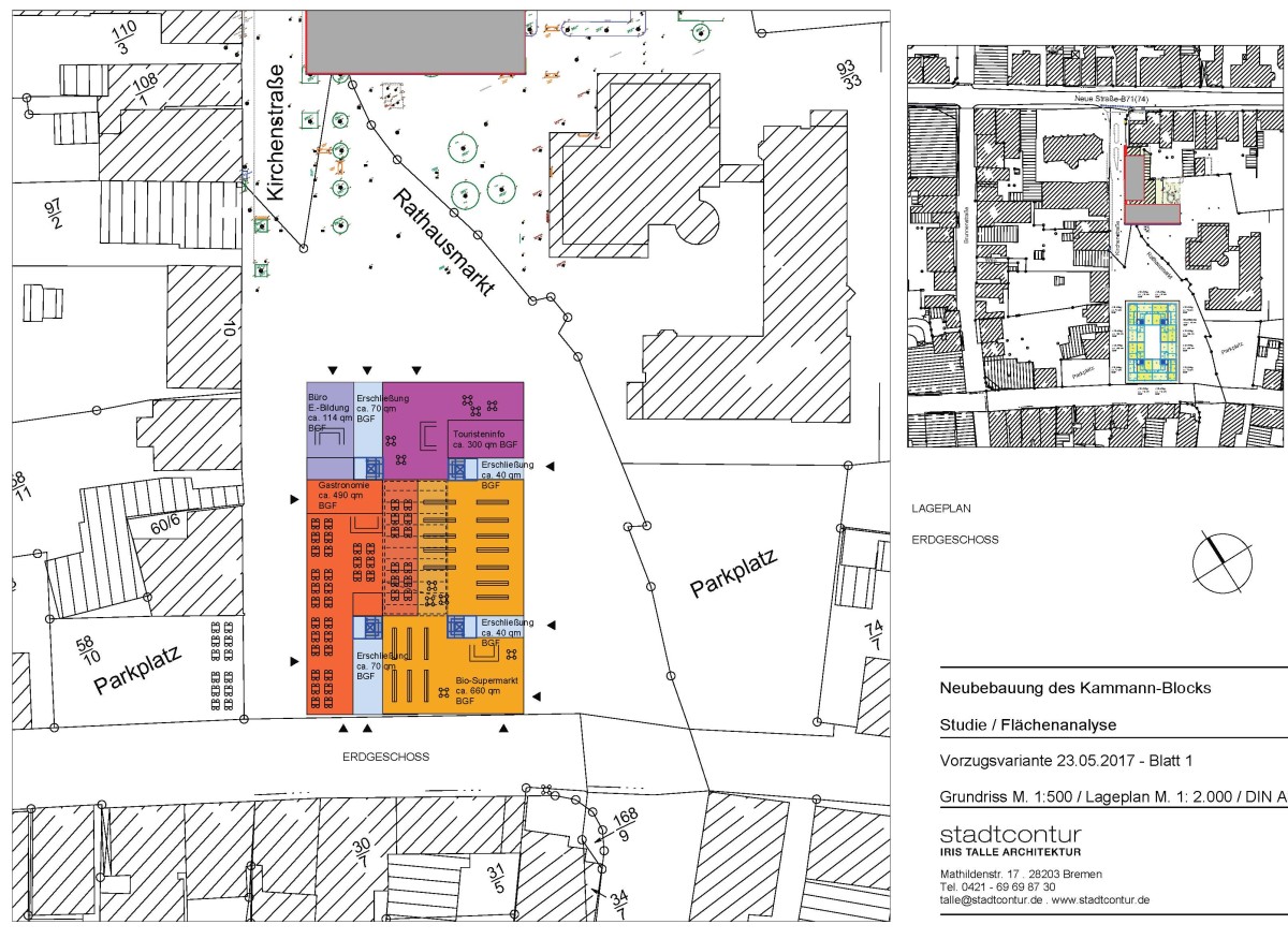 Geschäftshaus in der Innenstadt Wir haben untersucht, welcher Nutzungsmix die Innenstadt am Markt wieder beleben kann. Ein Kino wohl kaum, da tagsüber kein Publikumsverkehr stattfinden würde. Vielmehr ein Mix aus Bio-Supermarkt, Touristen-Info, Arztpraxen und mehreren Wohneinheiten. Alles unter einem Dach mit einem zentralen Atrium über dem Biomarkt.