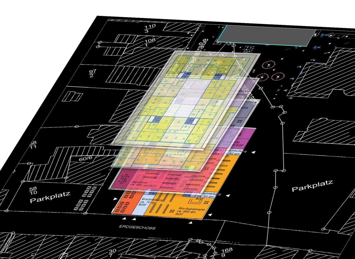 Wohn- und Geschäftshaus Wir haben untersucht, welcher Nutzungsmix die Innenstadt am Markt wieder beleben kann. Ein Kino wohl kaum, da tagsüber kein Publikumsverkehr stattfinden würde. Vielmehr ein Mix aus Bio-Supermarkt, Touristen-Info, Arztpraxen und mehreren Wohneinheiten. Alles unter einem Dach mit einem zentralen Atrium über dem Biomarkt.